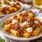 Griechischer Nudel-Auflauf mit Feta und Hackfleisch auf einem Teller serviert.