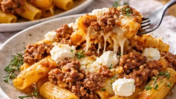 Griechischer Nudel-Auflauf mit Feta und Hackfleisch auf einem Teller serviert.