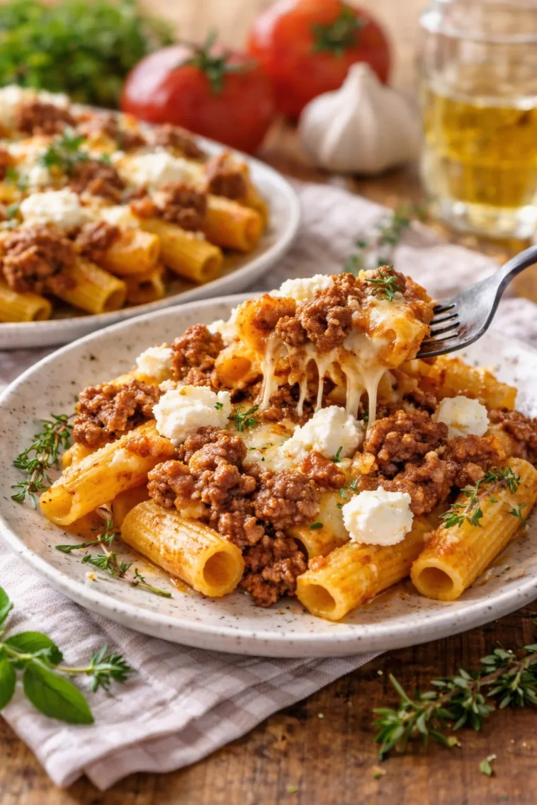 Griechischer Nudel-Auflauf mit Feta und Hackfleisch auf einem Teller serviert.