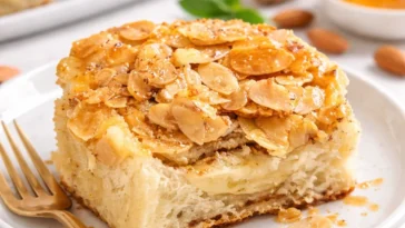 Hefeschnecken mit knuspriger Mandelkruste auf einem Teller