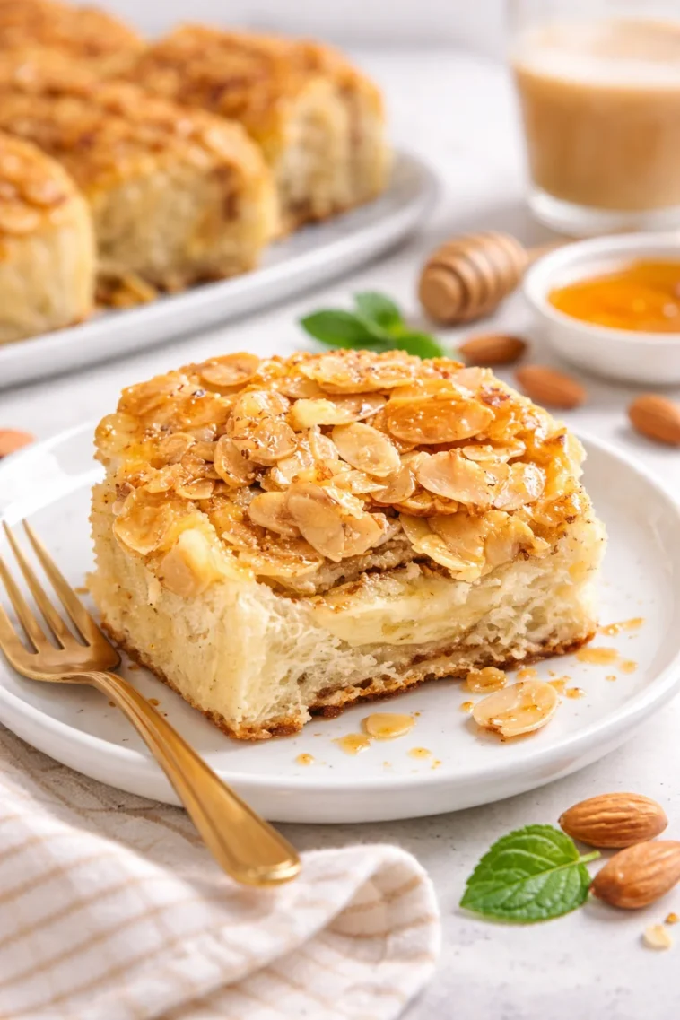 Hefeschnecken mit knuspriger Mandelkruste auf einem Teller