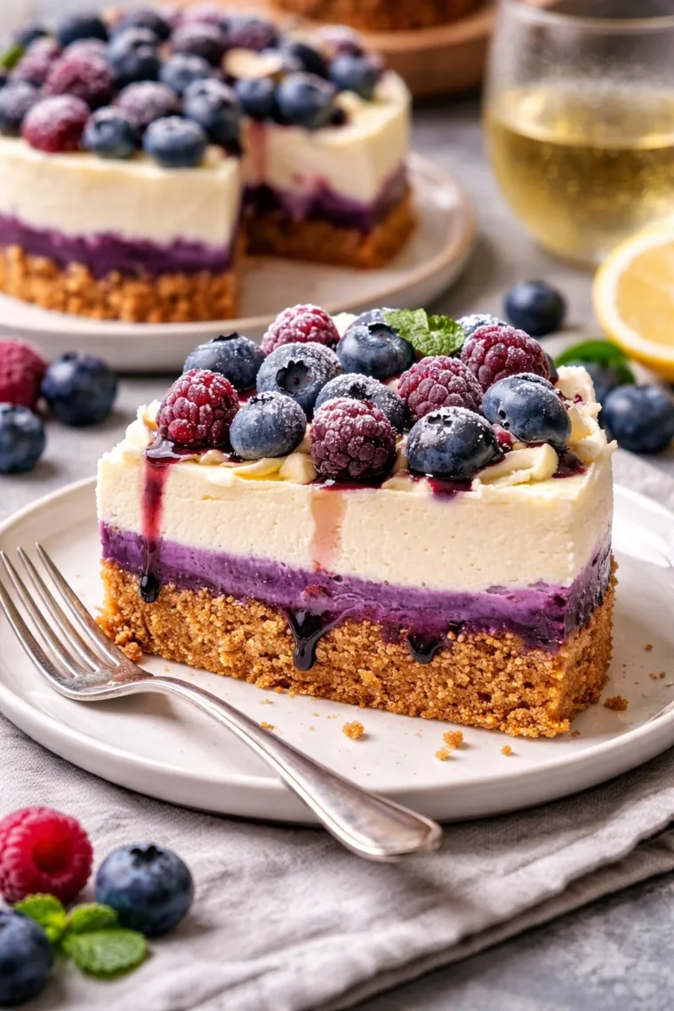 Köstliche Heidelbeer-Eierlikör-Torte auf einem Teller serviert.