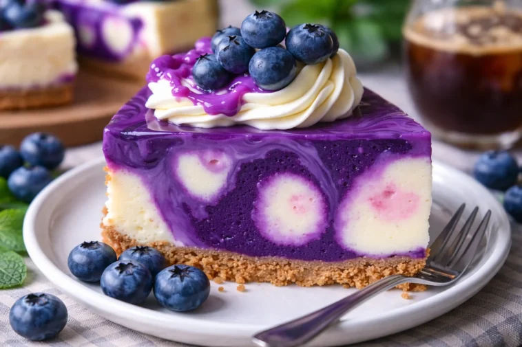 Heidelbeer-Swirl-Käsekuchen mit frischen Heidelbeeren und cremiger Konsistenz