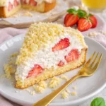 Heller Maulwurfkuchen mit Erdbeeren und Raffaellos auf einem weißen Teller