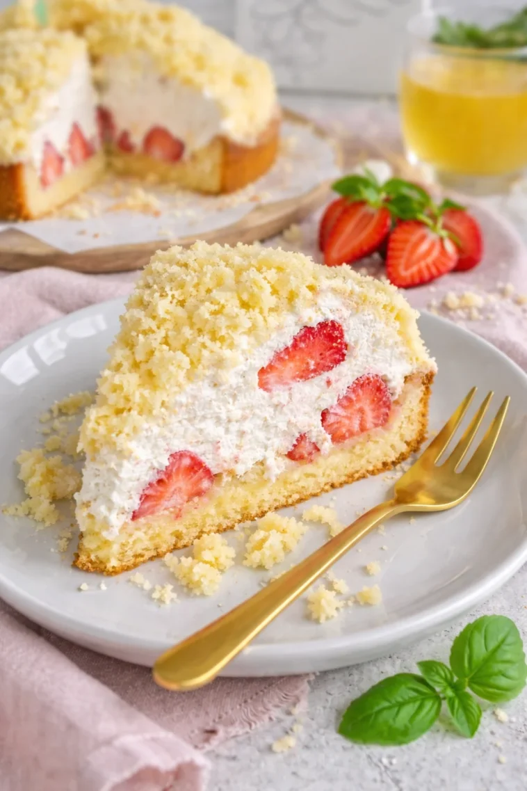 Heller Maulwurfkuchen mit Erdbeeren und Raffaellos auf einem weißen Teller