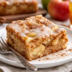 Herbstlicher Apfel-Zimt Kuchen auf einem Teller, dekoriert mit Äpfeln und Zimtstangen