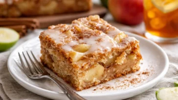 Herbstlicher Apfel-Zimt Kuchen auf einem Teller, dekoriert mit Äpfeln und Zimtstangen