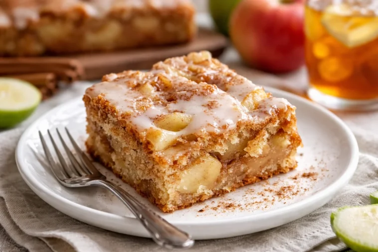 Herbstlicher Apfel-Zimt Kuchen auf einem Teller, dekoriert mit Äpfeln und Zimtstangen