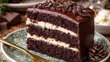 Hershey's Schokoladenkuchen mit Frischkäsefüllung auf einem Teller