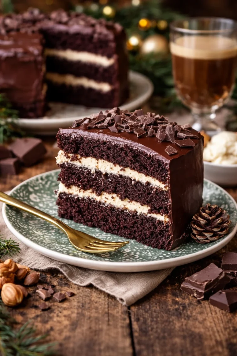 Hershey's Schokoladenkuchen mit Frischkäsefüllung auf einem Teller