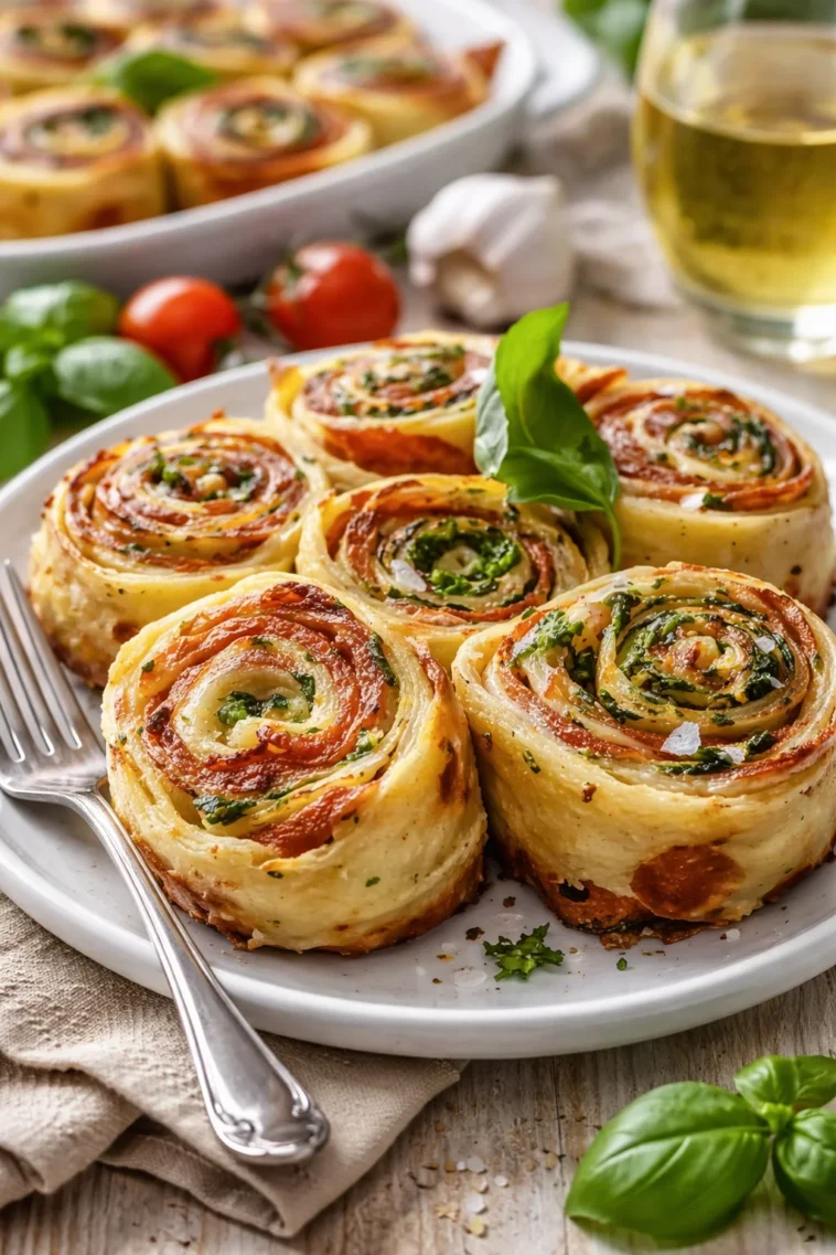 Leckere herzhafte italienische Pinwheels auf einem Teller serviert.