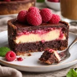 Himbeer-Brownie-Cheesecake auf einem eleganten Teller angerichtet
