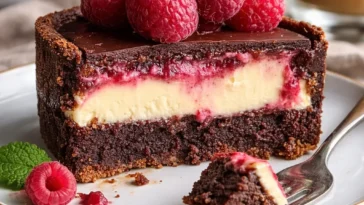 Himbeer-Brownie-Cheesecake auf einem eleganten Teller angerichtet