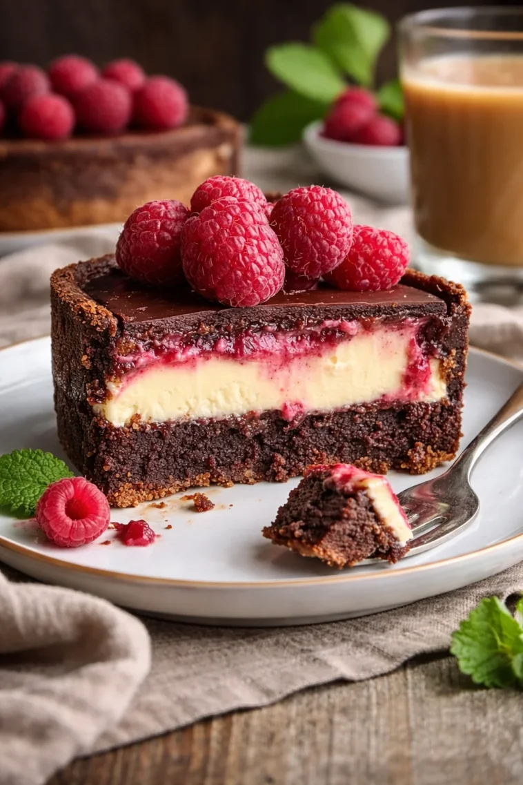 Himbeer-Brownie-Cheesecake auf einem eleganten Teller angerichtet