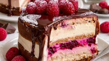 Himbeer Frischkäse Torte Schoko mit frischen Himbeeren und Schokoladenglasur