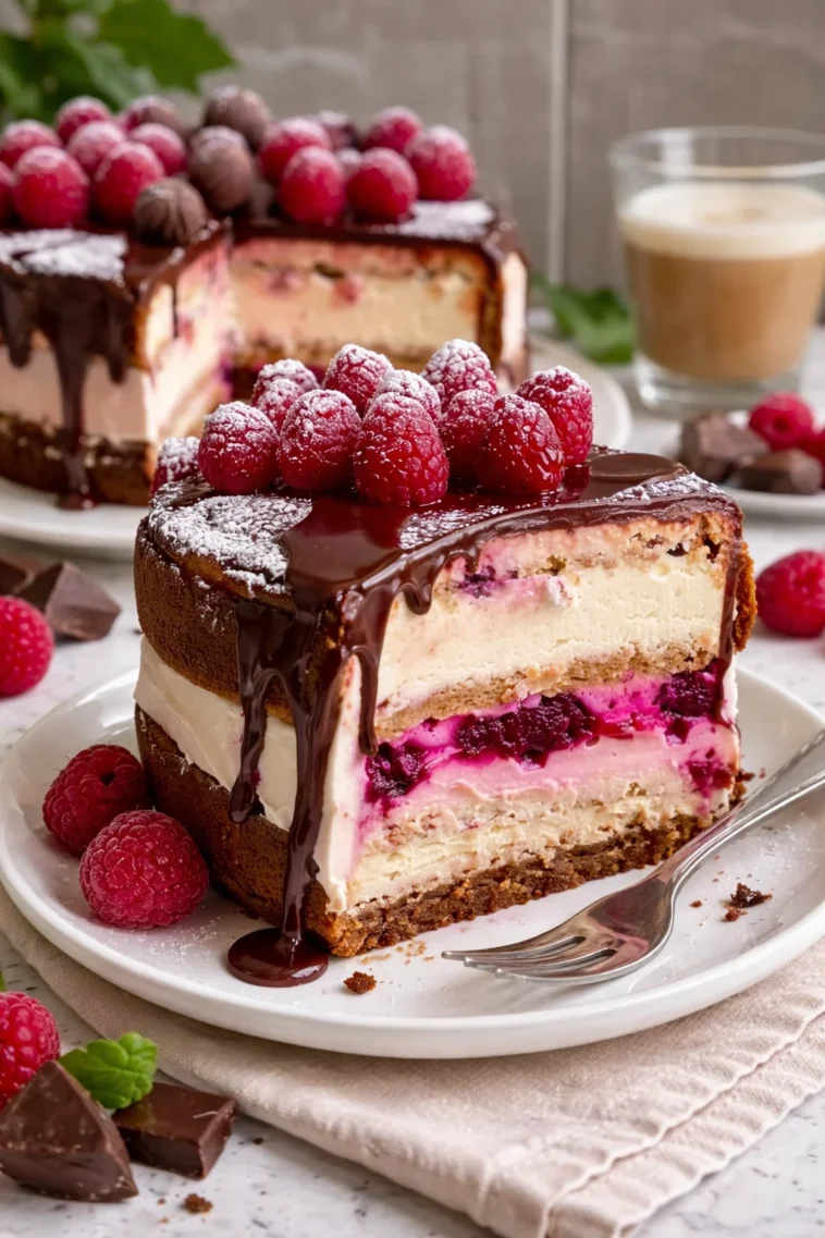 Himbeer Frischkäse Torte Schoko mit frischen Himbeeren und Schokoladenglasur