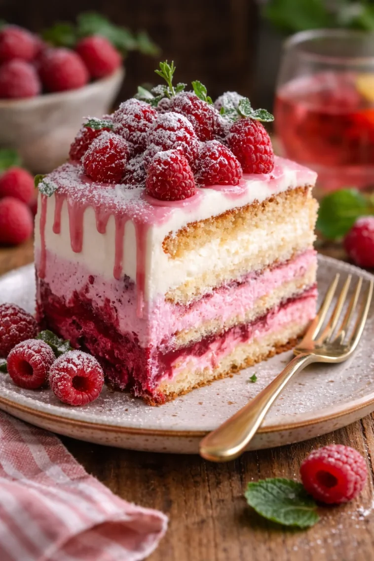 Leckere Himbeer-Joghurt-Torte mit frischen Himbeeren und Joghurteinlage