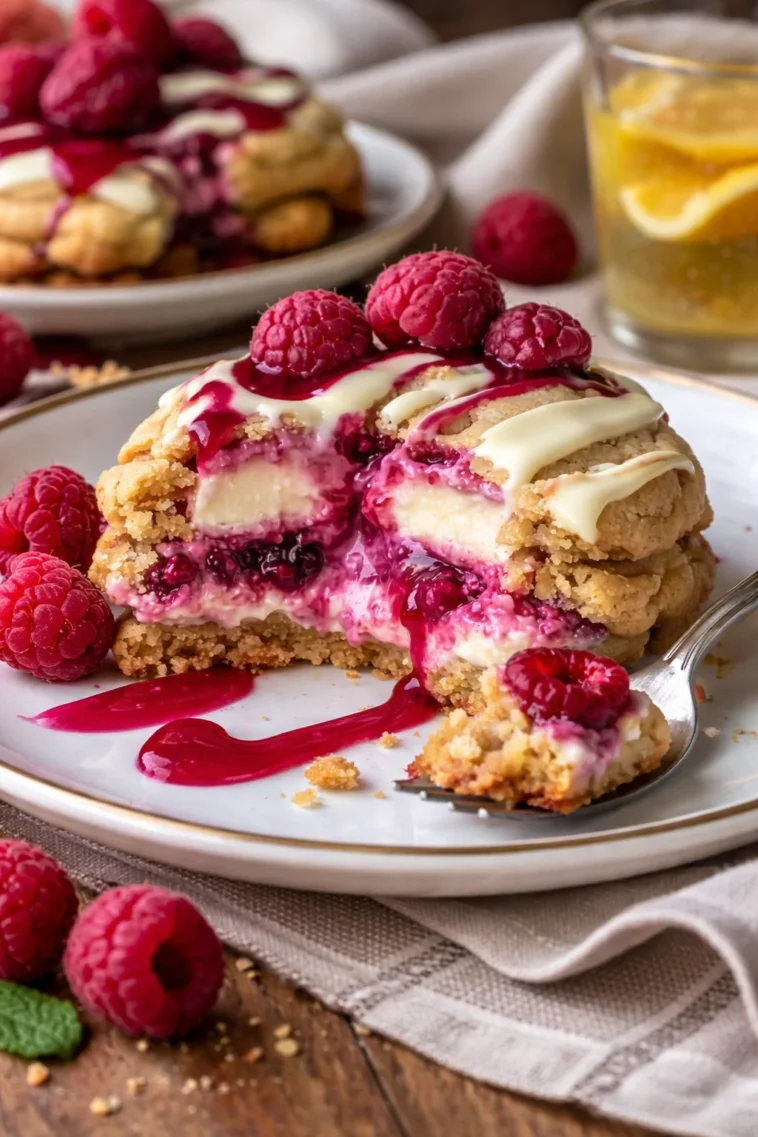 Himbeer-Käsekuchen-Plätzchen mit frischen Himbeeren und cremigem Käsekuchen-Füllung