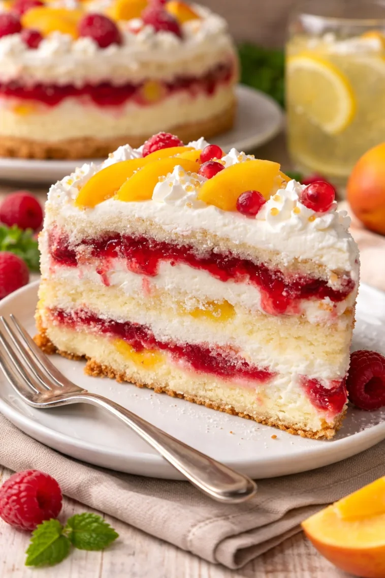 Leckere Himbeer-Pfirsich-Torte mit fruchtiger Füllung und Sahne