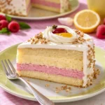 Himbeer-Pfirsich-Torte mit frischen Himbeeren und Pfirsichscheiben