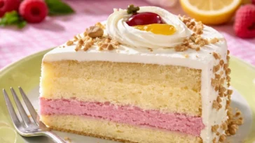 Himbeer-Pfirsich-Torte mit frischen Himbeeren und Pfirsichscheiben