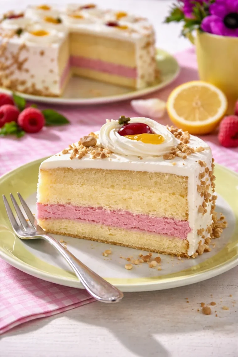 Himbeer-Pfirsich-Torte mit frischen Himbeeren und Pfirsichscheiben