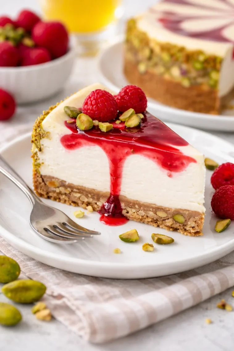 Himbeer-Pistazien-Käsekuchen mit frischen Himbeeren und gerösteten Pistazien