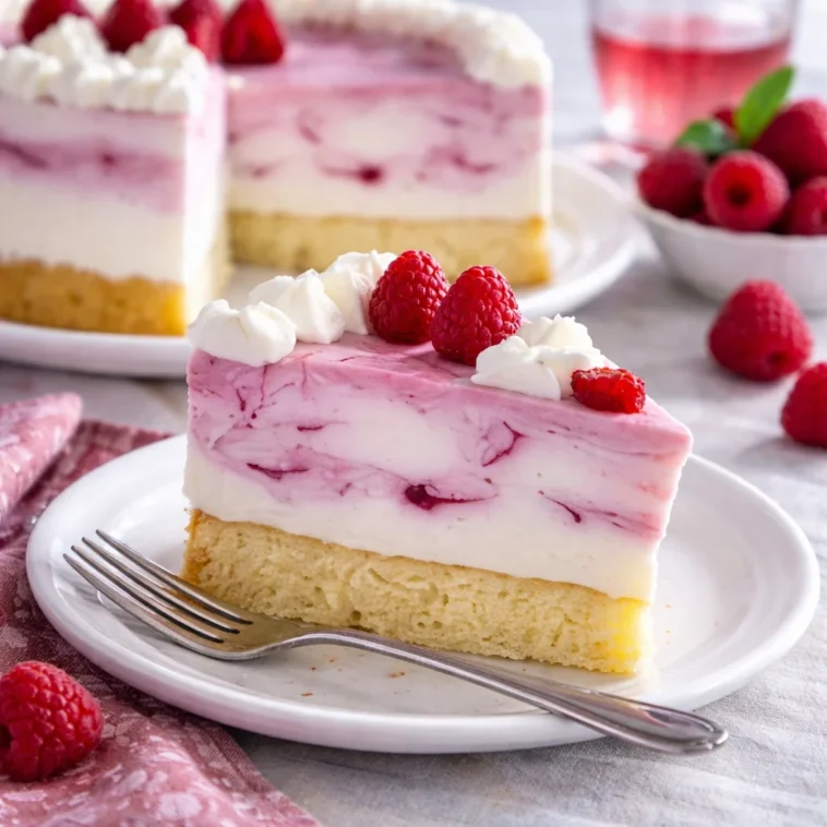 Himbeer-Quark-Torte mit frischen Himbeeren und Quarkfüllung