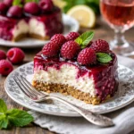 Himbeer-Ricotta-Fondant auf einem Teller, dekoriert mit frischen Himbeeren und Minze.