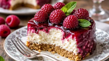 Himbeer-Ricotta-Fondant auf einem Teller, dekoriert mit frischen Himbeeren und Minze.