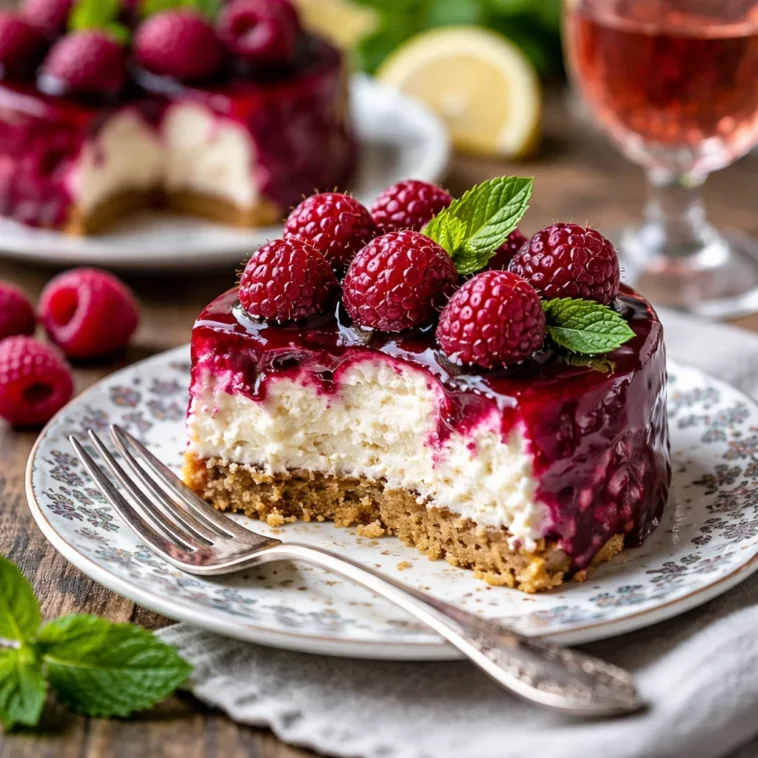 Himbeer-Ricotta-Fondant auf einem Teller, dekoriert mit frischen Himbeeren und Minze.