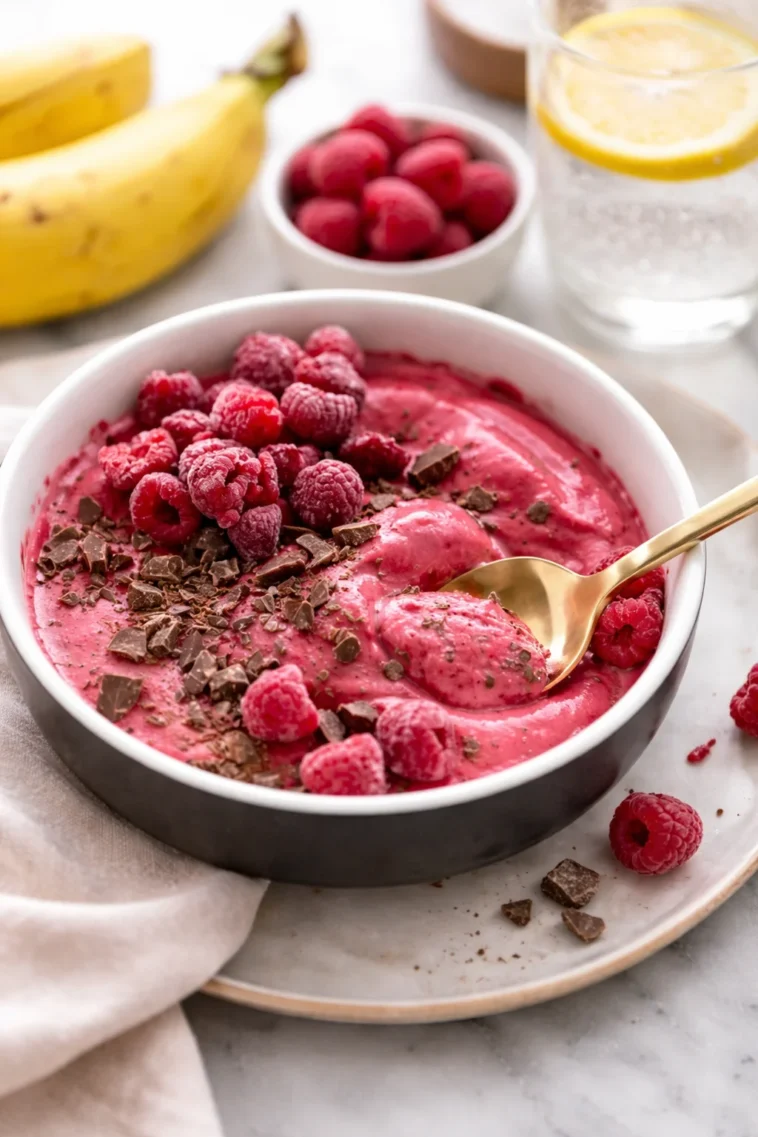 Himbeer-Schokoladenstück Nice Cream in einer Schüssel