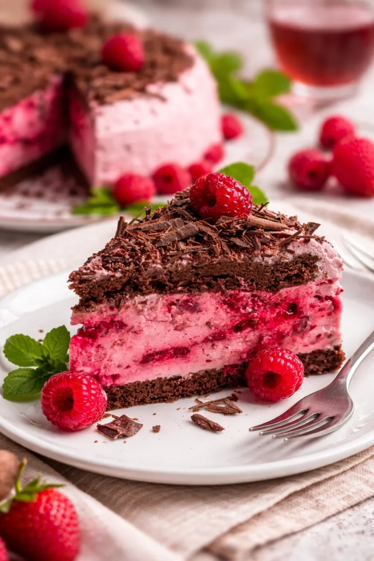 Himbeer-Schokotorte mit frischen Himbeeren und Schokoladenglasur