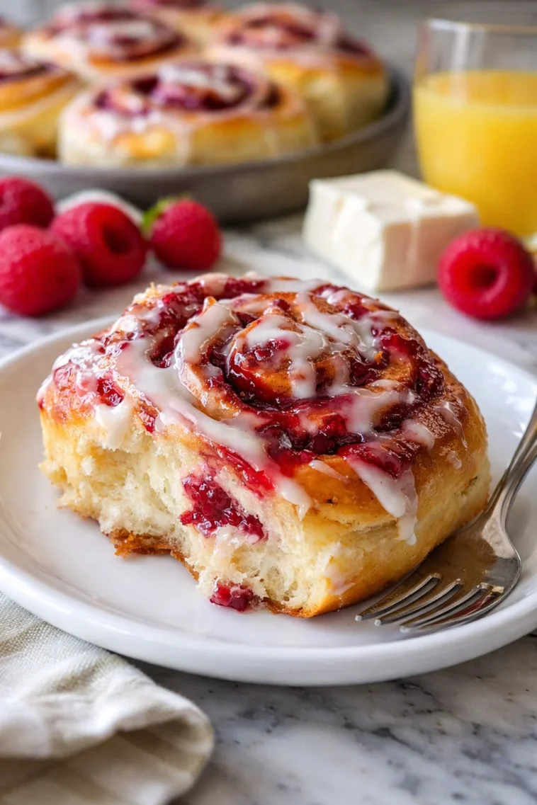 Leckere Himbeer Rollen auf einem Teller serviert.