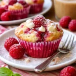 Himbeer Frischkäse Muffins frisch aus dem Ofen, dekoriert mit Puderzucker