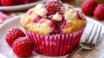 Himbeer Frischkäse Muffins frisch aus dem Ofen, dekoriert mit Puderzucker
