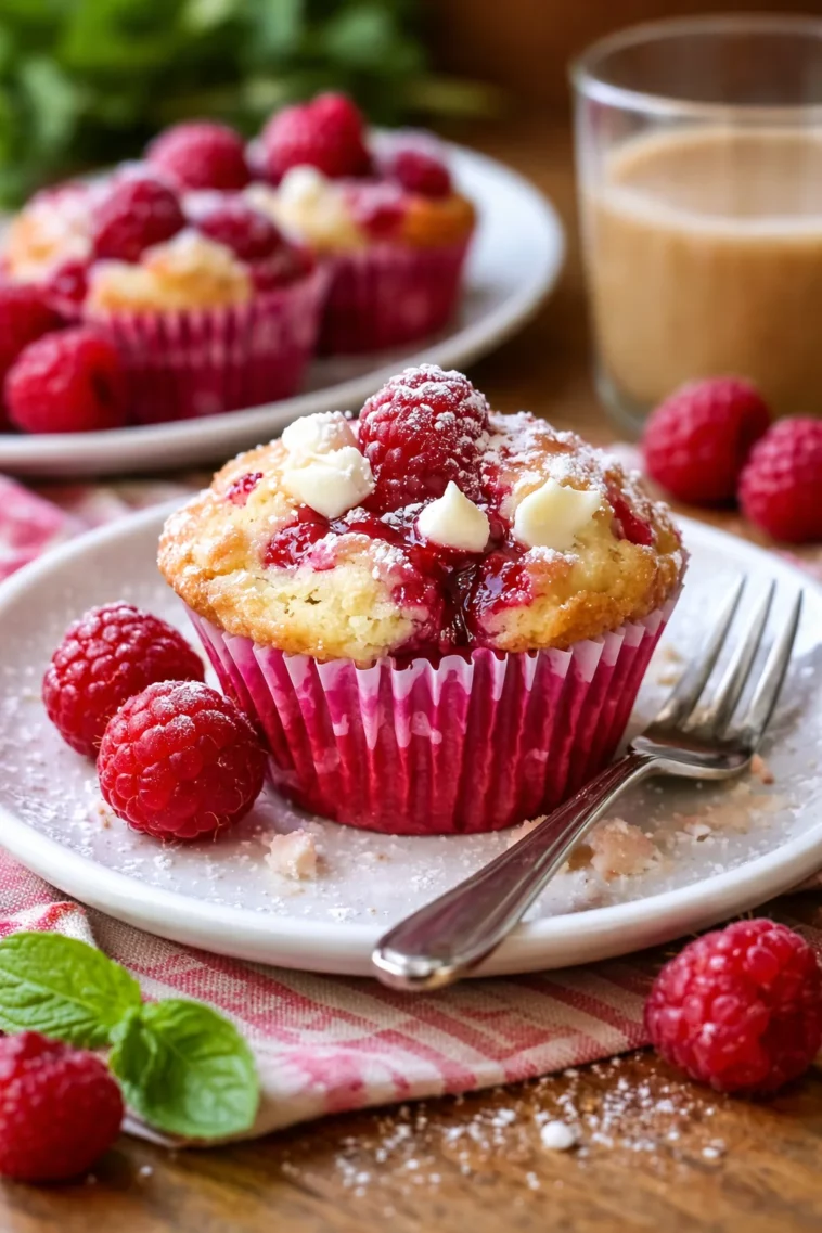 Himbeer Frischkäse Muffins frisch aus dem Ofen, dekoriert mit Puderzucker