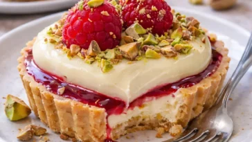 Himbeer Weiße Schokolade Tartelettes auf einem eleganten Dessertteller