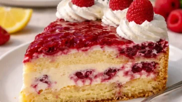 Leckere Himbeertorte mit Paradiescreme auf einem Teller