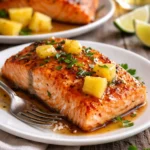 Leckerer Honig-Ananas-Lachs auf einem Teller angerichtet
