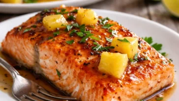 Leckerer Honig-Ananas-Lachs auf einem Teller angerichtet