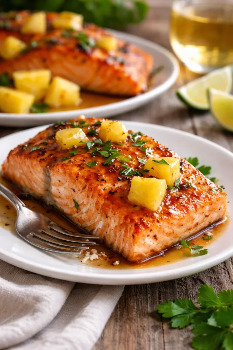 Leckerer Honig-Ananas-Lachs auf einem Teller angerichtet