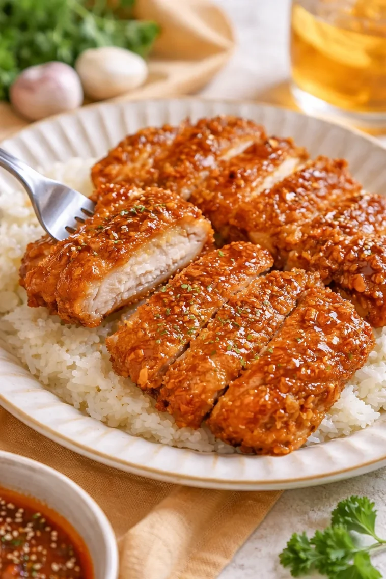 Honig-Knoblauch-Crispy-Hühnchen in einer knusprigen Panade, serviert mit Beilagen.