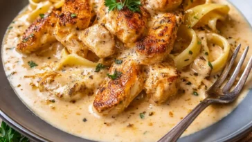 Hühnchen Stroganoff serviert in einer Pfanne mit Nudeln und frischem Petersilie