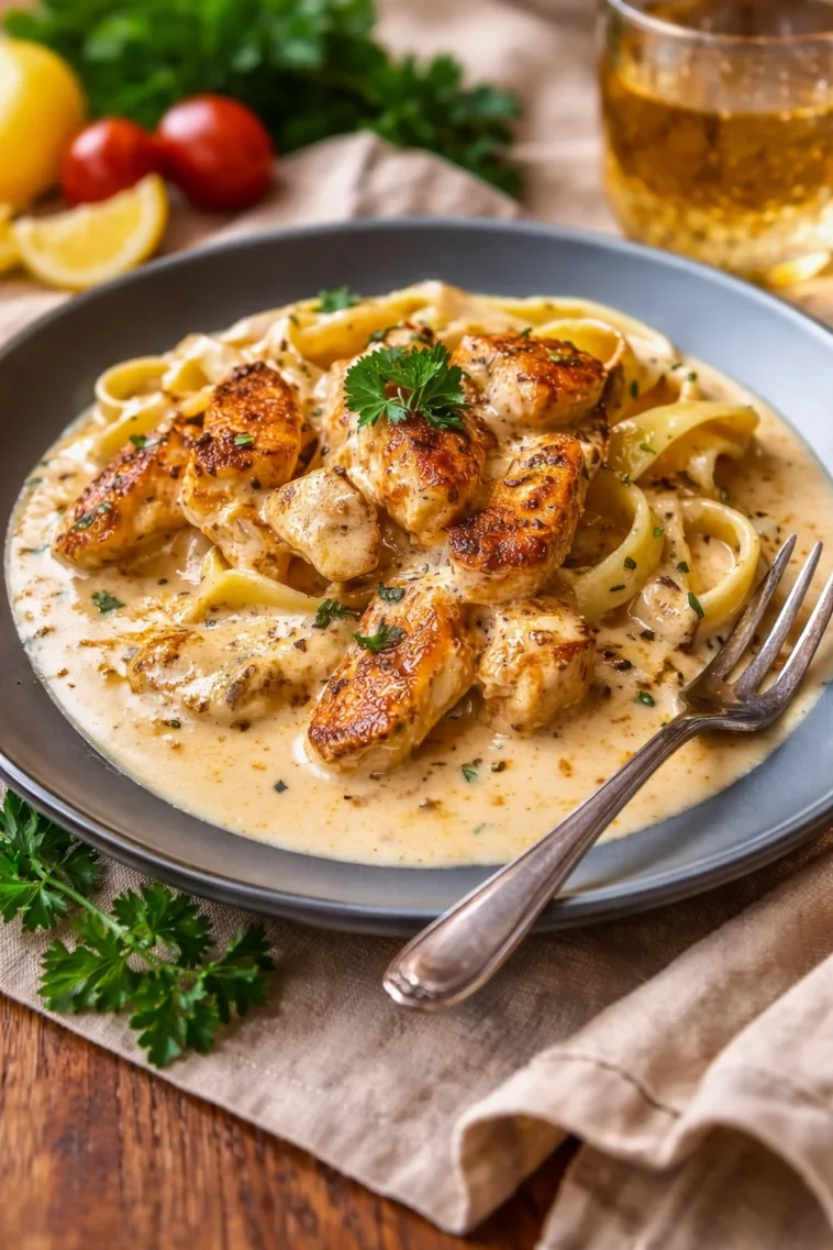 Hühnchen Stroganoff serviert in einer Pfanne mit Nudeln und frischem Petersilie