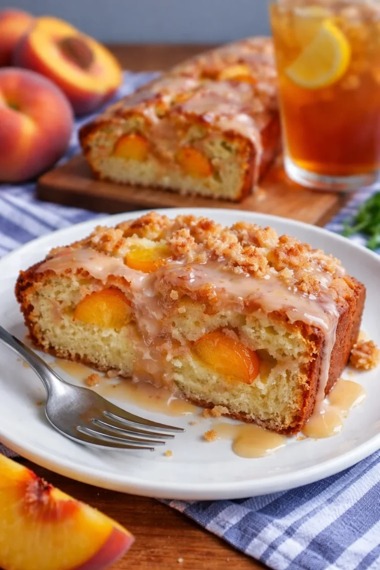 Sommersüßpechkuchen mit frischen Früchten und Sahne auf einem weißen Teller