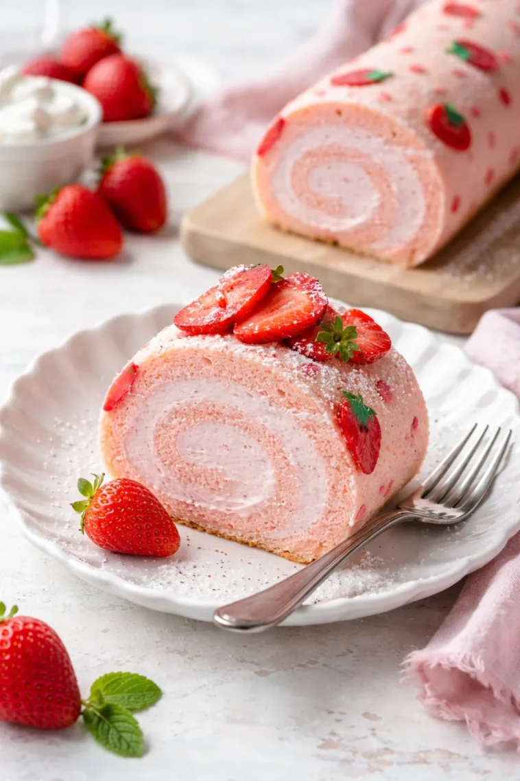 Erdbeer-Kuchen-Rolle mit niedlichem Erdbeermuster, frisch gebacken