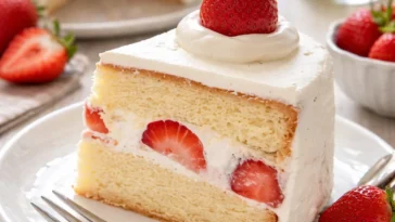 Japanischer Erdbeer-Biskuitkuchen mit frischen Erdbeeren und Sahne