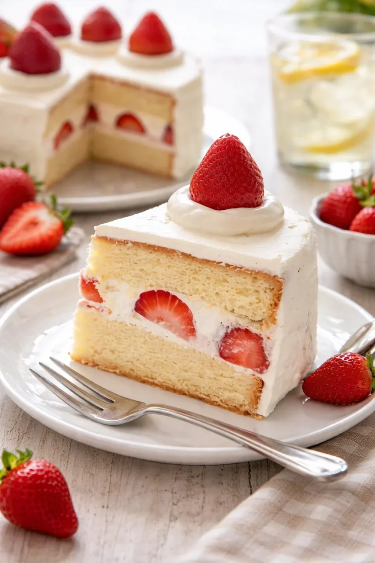 Japanischer Erdbeer-Biskuitkuchen mit frischen Erdbeeren und Sahne