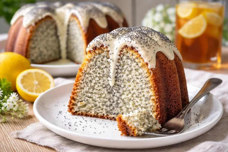 Saftiger Joghurt-Mohn-Guglhupf auf einem Teller serviert